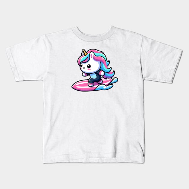 Surfing Unicorn Olympics 🏄🏼🦄 - Hang Ten with Cuteness! Kids T-Shirt by Pink & Pretty